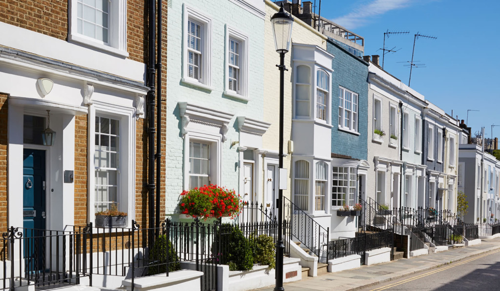 Attractive street of-terraced houses on a sunny day, London City Mortgages