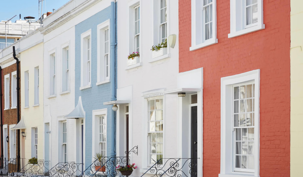 Colourful English row of terraced houses, London City Mortgages