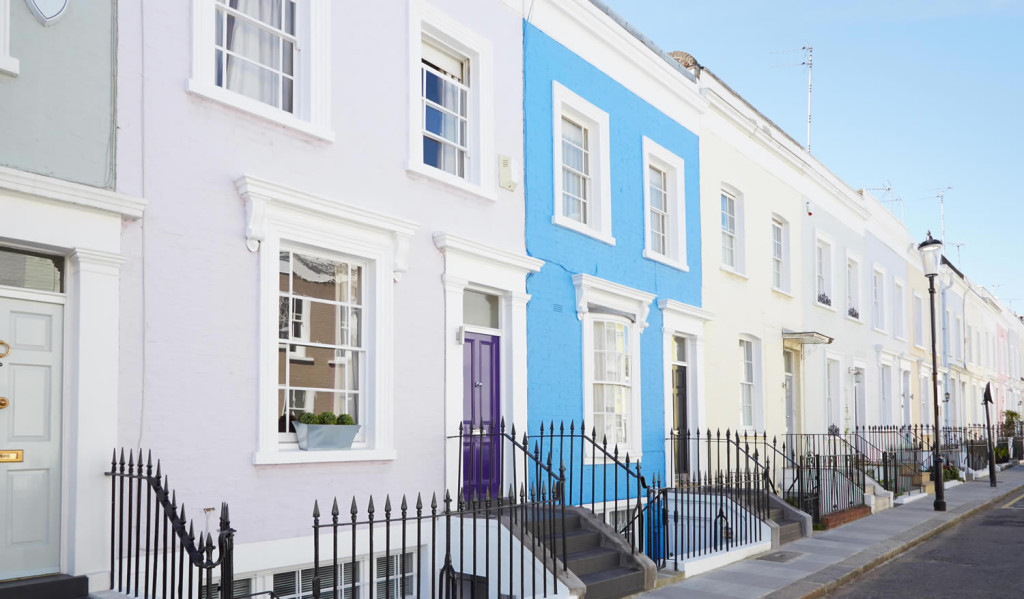 Colourful English terraced house facades, London City Mortgages