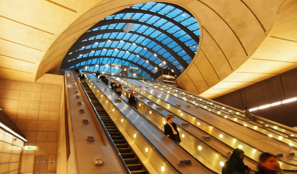 View of futuristic design underground exit at Canary Wharf, London City Mortgages