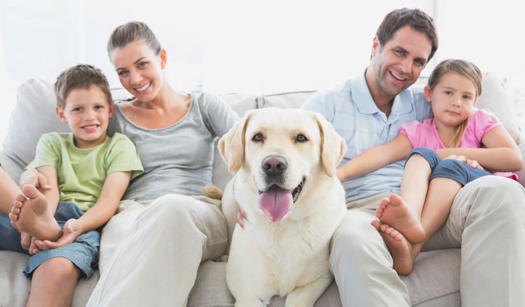 Happy family of four and their labrador on the sofa, London City Mortgages