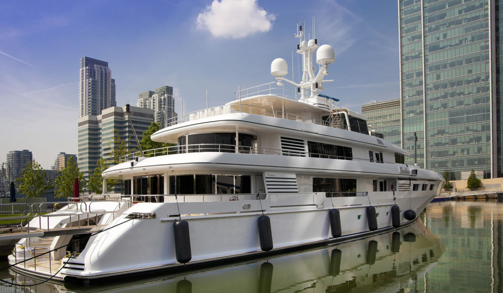 Luxury superyacht moored in South Dock Canary- Wharf, London City Mortgages