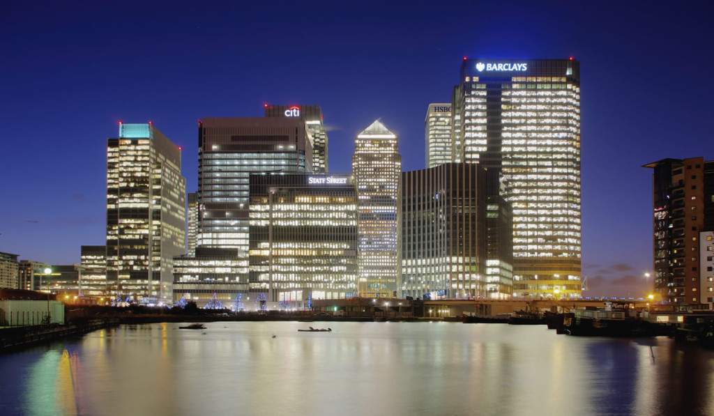 Night skyline of Canary Wharf from Blackwell Basin, London City Mortgages