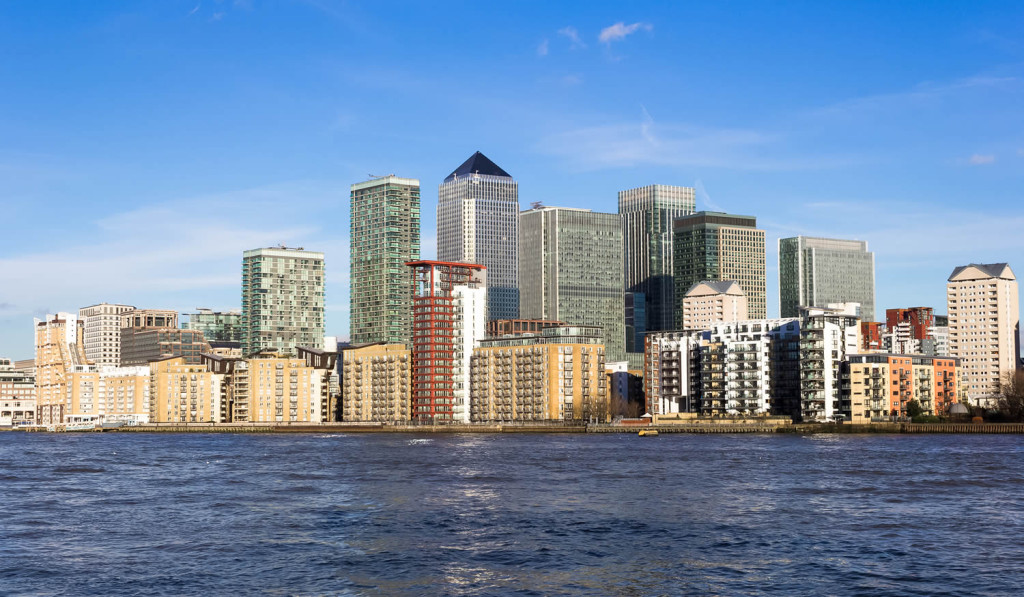 Panoramic view of Canary Wharf and riverside apartments, London City Mortgages