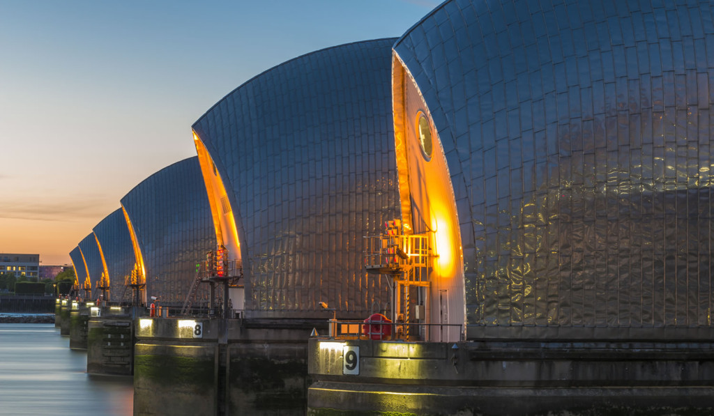 Thames barrier protecting the capital at dusk, London City Mortgages