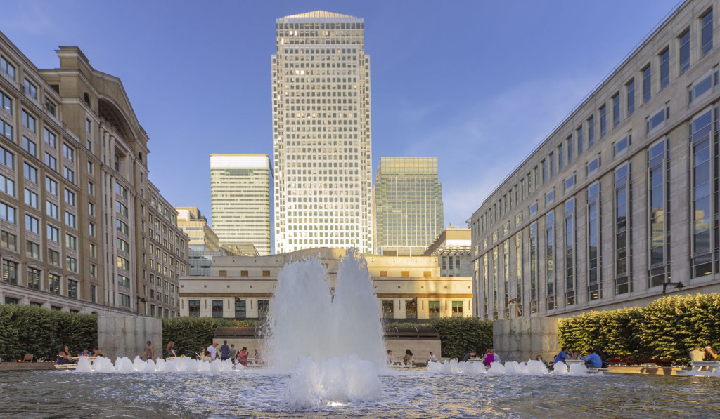 People enjoying fountain Canary Wharf London City Mortgages